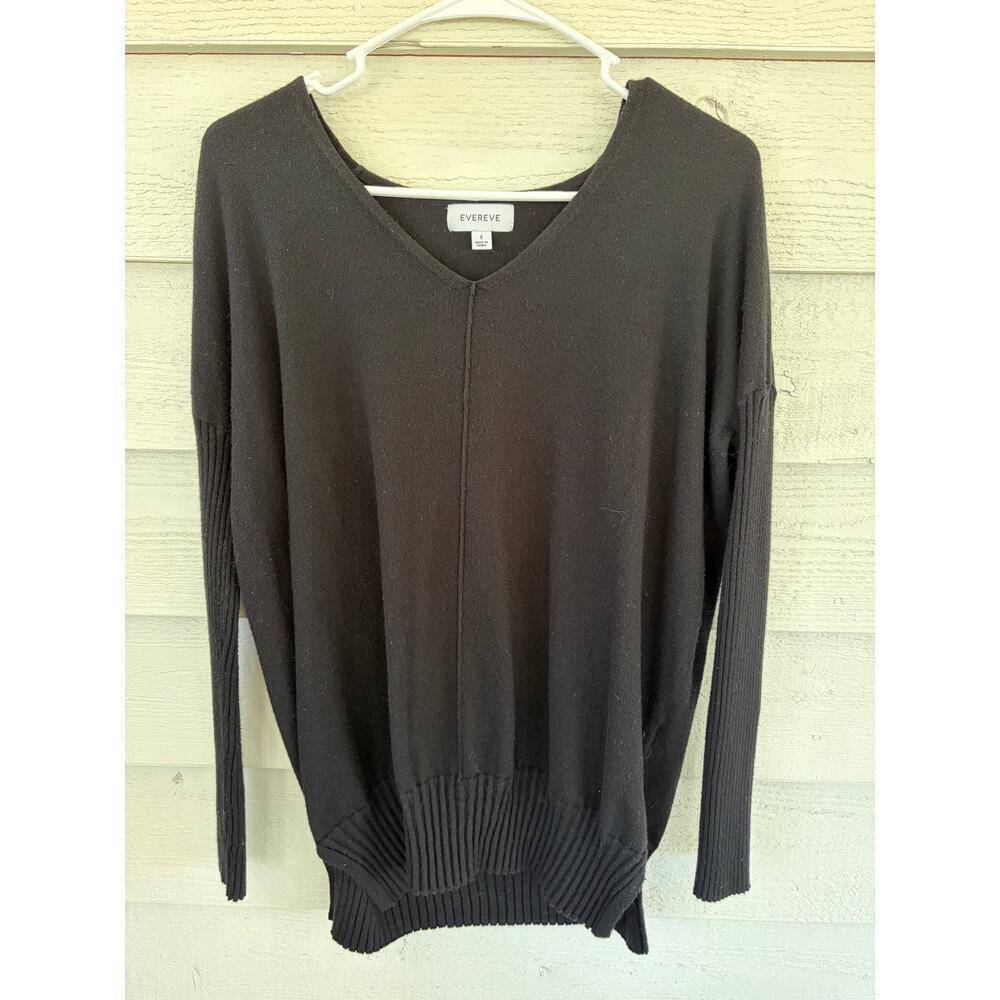 EVEREVE Black V-Neck Knit Sweater Ribbed Sleeve Pullover Size Small - Picture 2 of 6